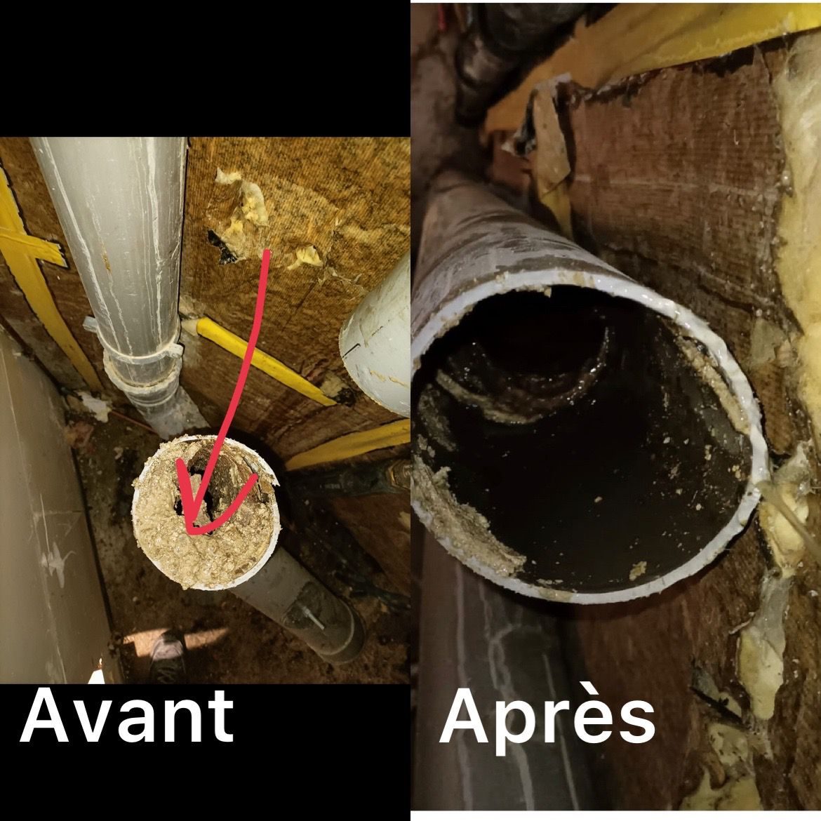 Canalisation d'évacuation entartrée avant et après curage