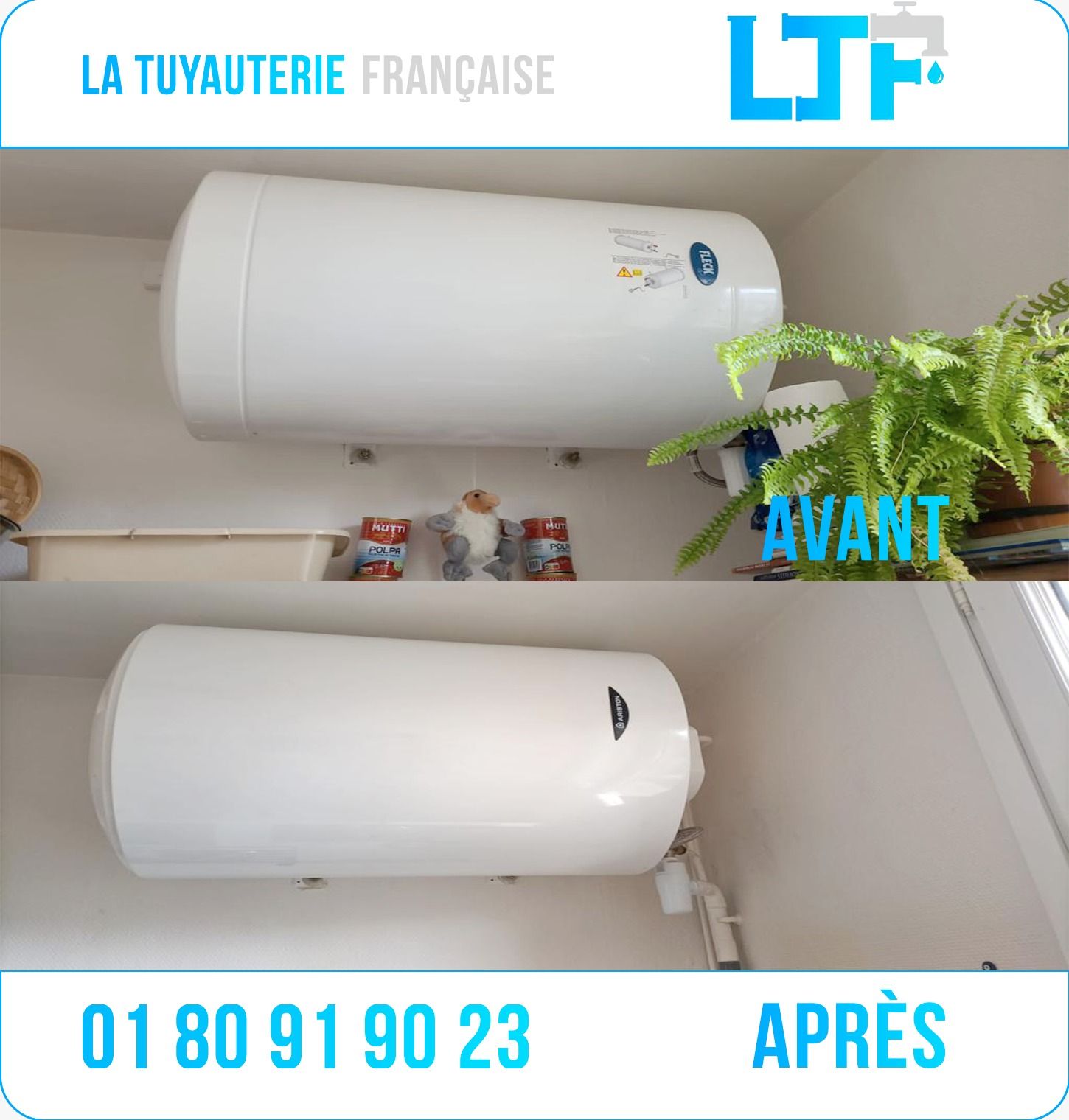 Avant / après : remplacement ballon d'eau chaude par plombier La Tuyauterie Française en IDF