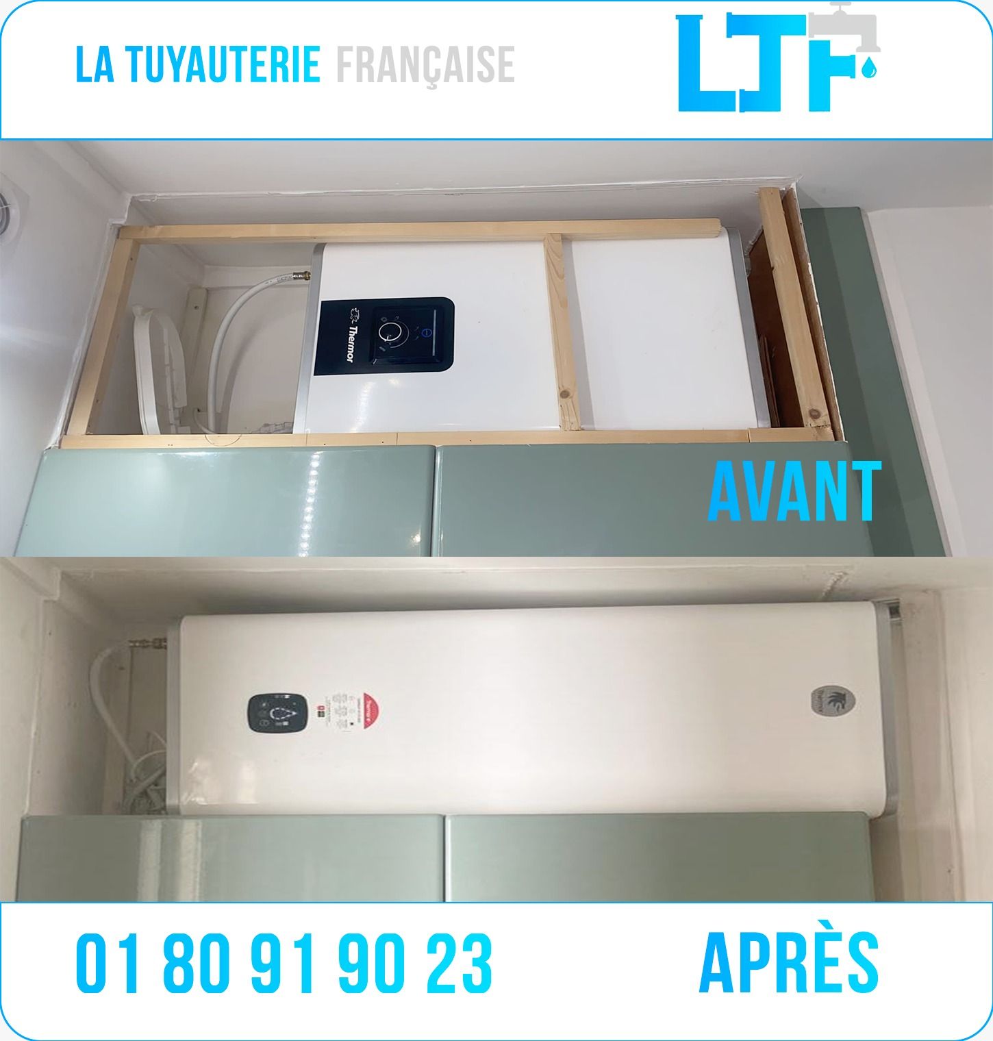 Avant / après : installation chauffe-eau instantané extra plat — plombier IDF