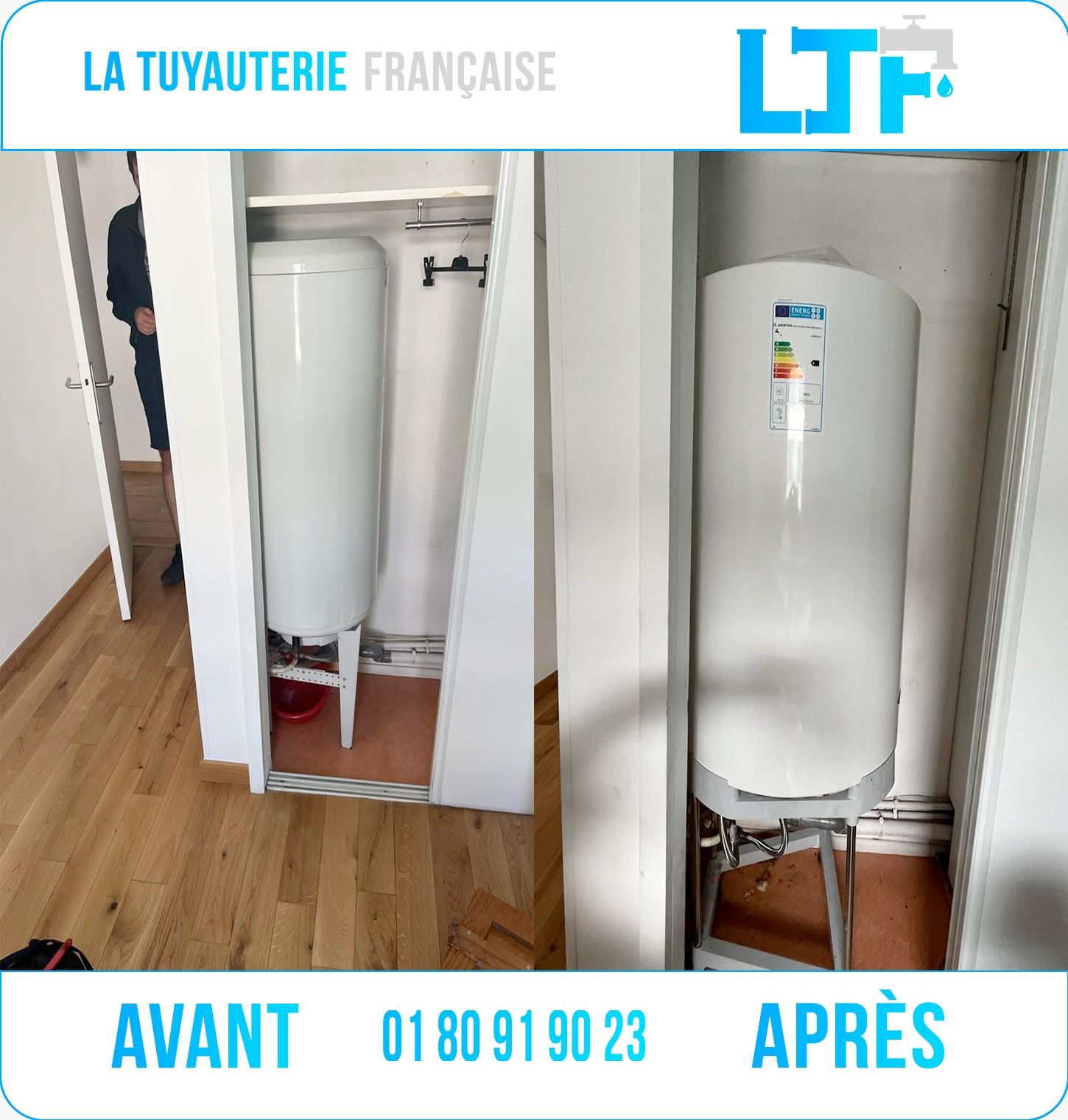 Avant / après : installation d'un chauffe-eau sur trépied par La Tuyauterie Française en IDF