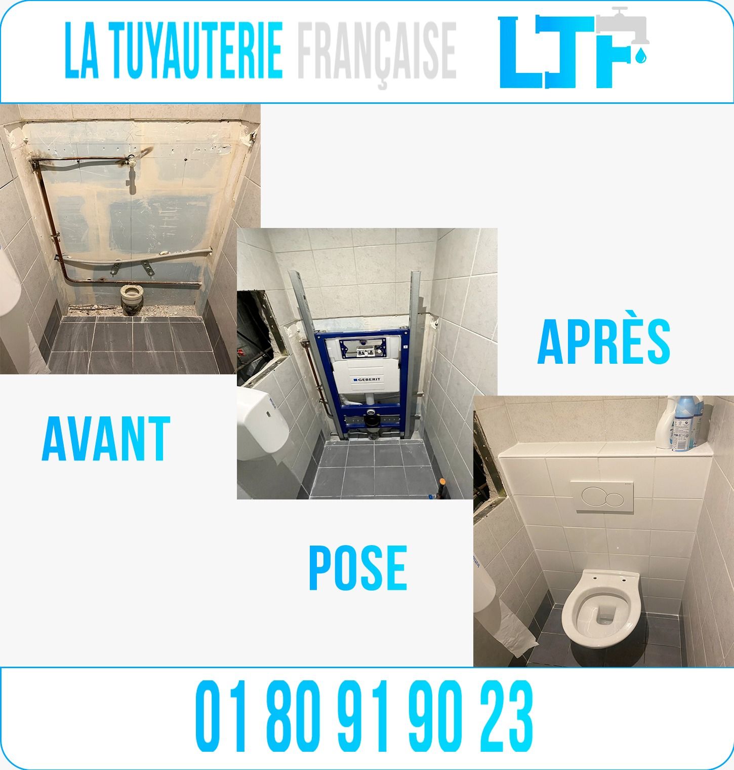 Triptyque avant / pose / après : WC suspendu avec bâti Geberit posé par La Tuyauterie Française